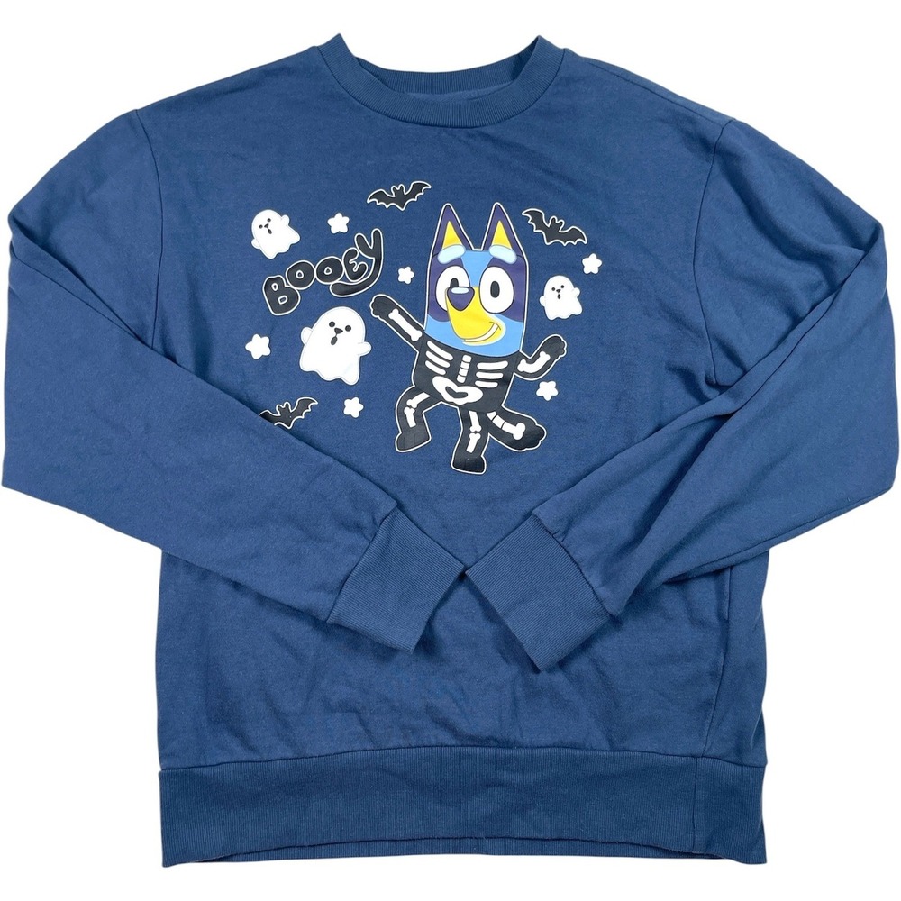 Bluey Booey Halloween Sweatshirt Womens S/M Blue Skeleton Ghost Bats Pullover